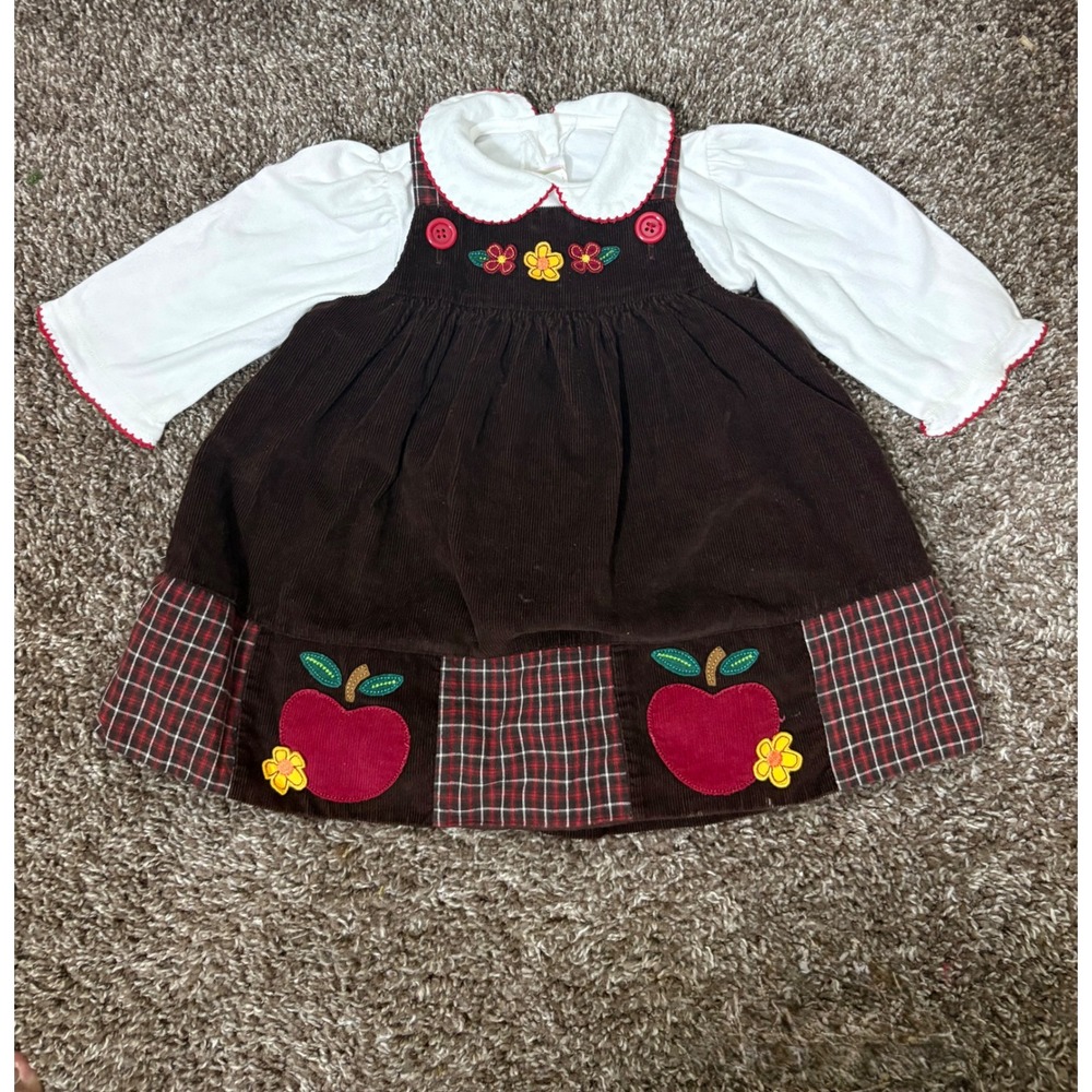 Sophie Rose Baby Girls Brown Corduroy Apple Plaid Jumper‎ Dress Bodysuit Set 12M